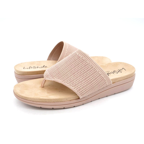 LifeStride Sandals Womens 10 Beige Fabric Platform Wedge Heel Toe Post Poolside - Picture 1 of 10